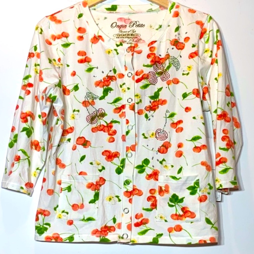 Onque Casuals White Rhinestone‎ Cherry Print Snap Button Cardigan